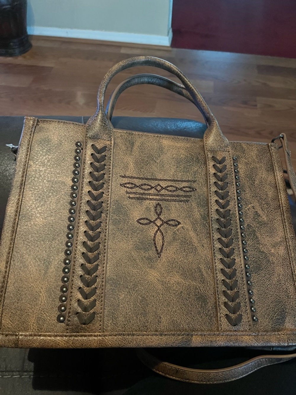 Distressed Brown Studded Tote with Embroidered Detail - Women Bags